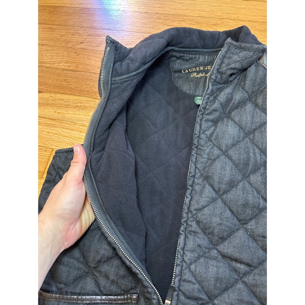 Lauren Ralph Lauren Quilted Denim Vest Leather Trim Fleece Lined Black L - Picture 8 of 8